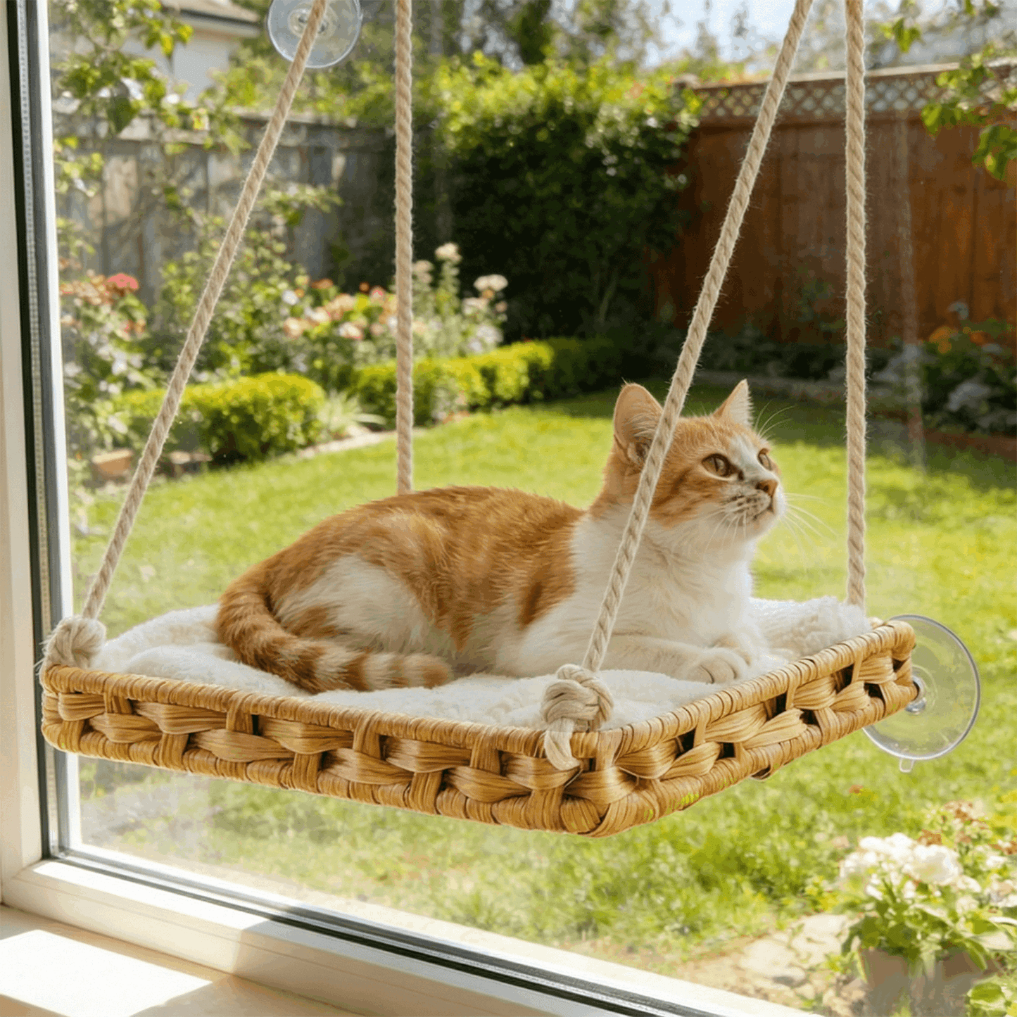 Handwoven Cat Window Perch Hammock Bed with Suction Cups & Washable Cushion