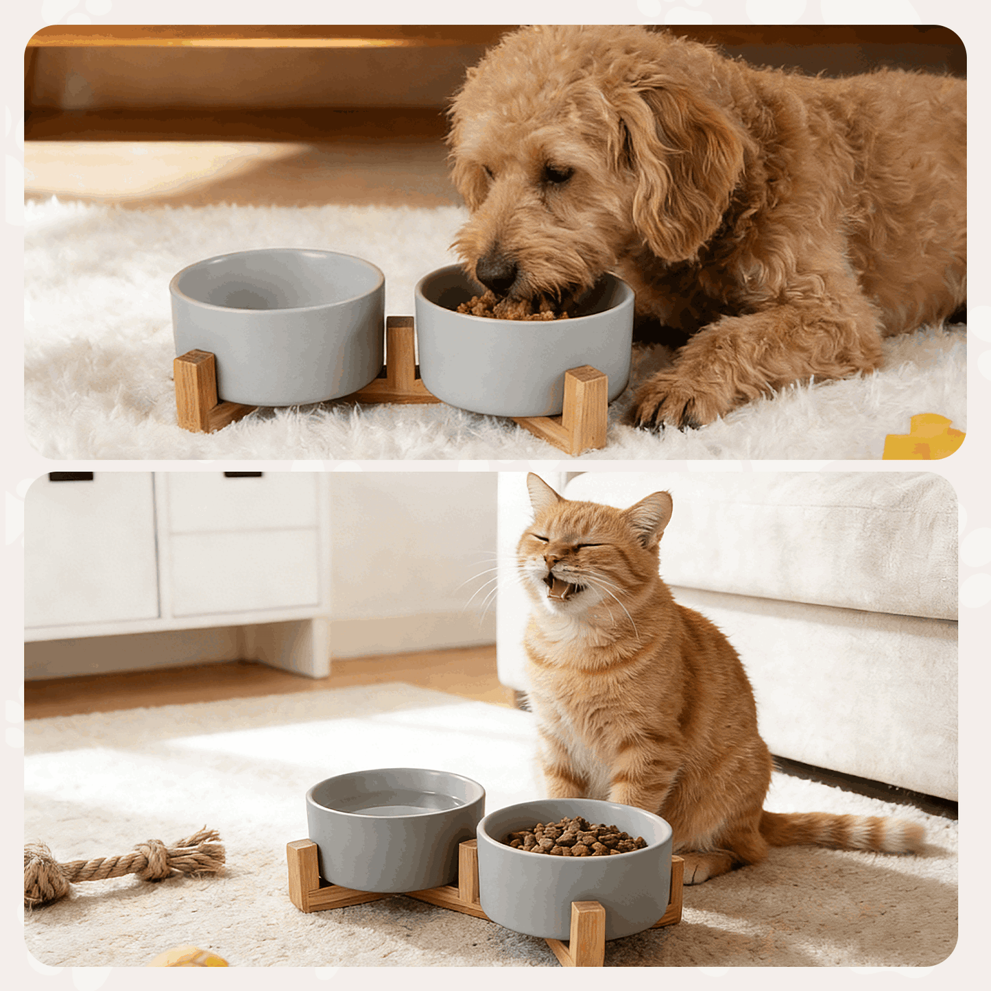Ceramic Dog and Cat Bowl Set with Wooden Stand, Elevated Feeding Bowls for Cats & Small Dogs