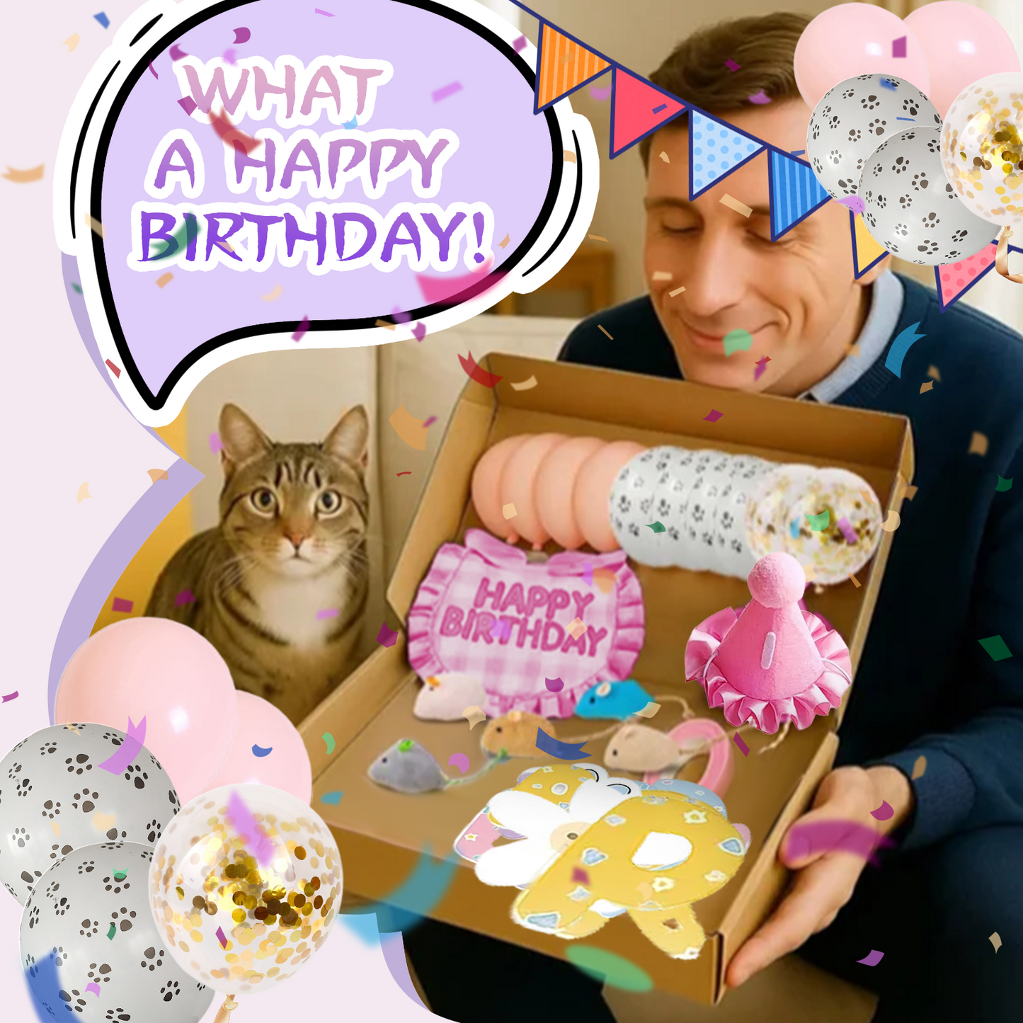 Cat Birthday Party Kit - Hat, Bandana, Catnip Mice, Balloons & Banner