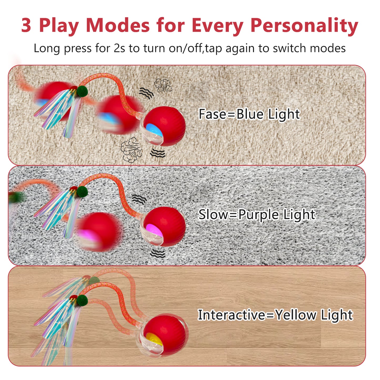 2-Pack Automatic Rolling Cat Ball Toy with Feather Tail - 3 Modes