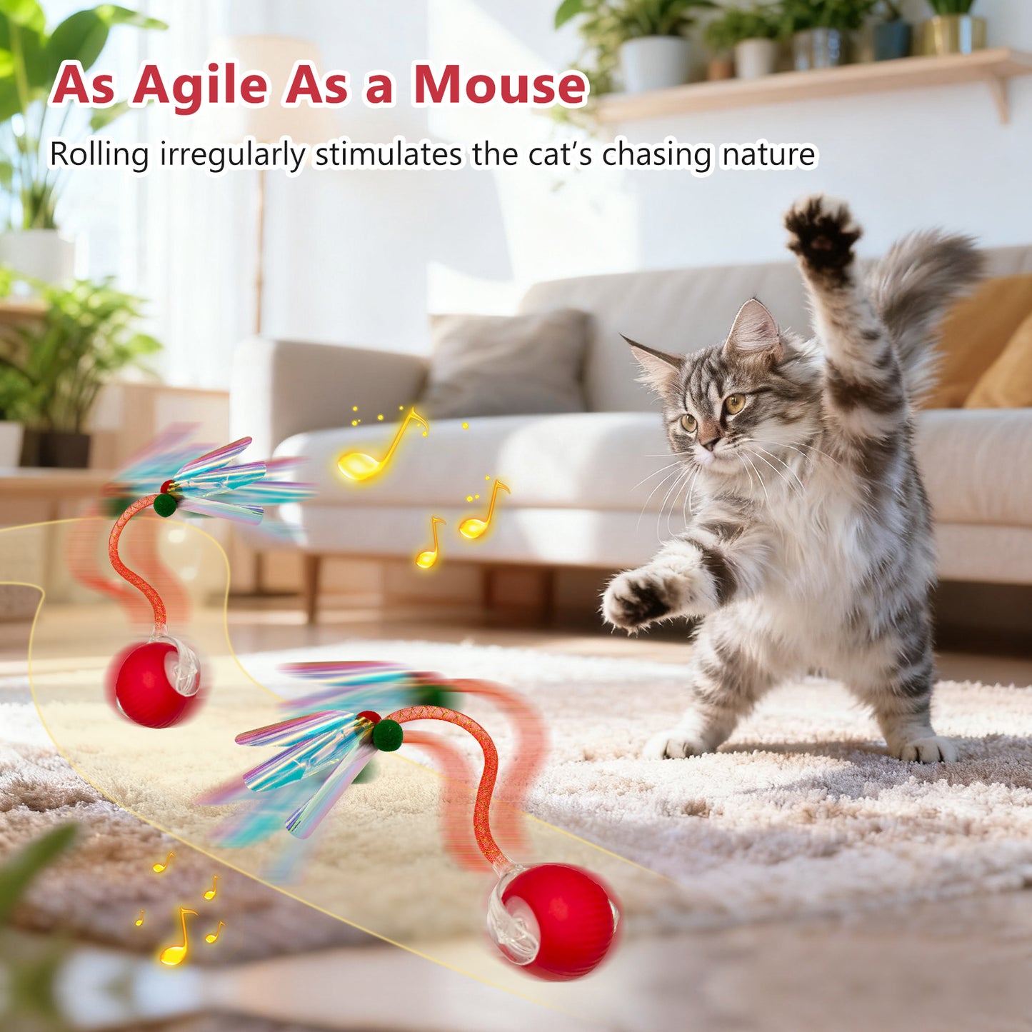 2-Pack Automatic Rolling Cat Ball Toy with Feather Tail - 3 Modes