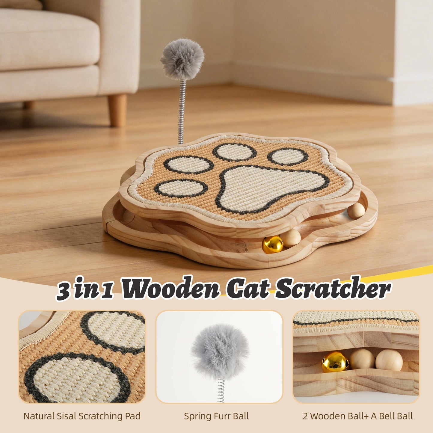 3-in-1 Sisal Cat Scratcher with Ball Track & Spring Toy for Indoor Cats