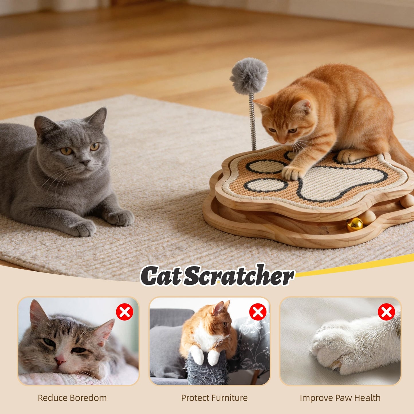 3-in-1 Sisal Cat Scratcher with Ball Track & Spring Toy for Indoor Cats