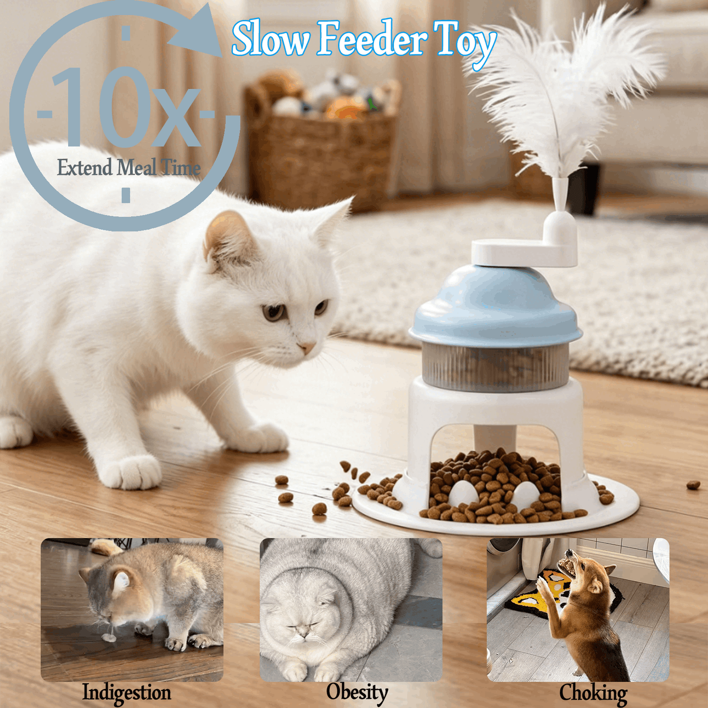 Interactive Cat Slow Feeder Puzzle Toy with Feather Teaser