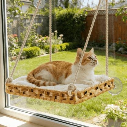 Handwoven Cat Window Perch Hammock Bed with Suction Cups & Washable Cushion