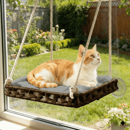 Handwoven Cat Window Perch Hammock Bed with Suction Cups & Washable Cushion