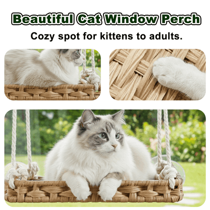 Handwoven Cat Window Perch Hammock Bed with Suction Cups & Washable Cushion