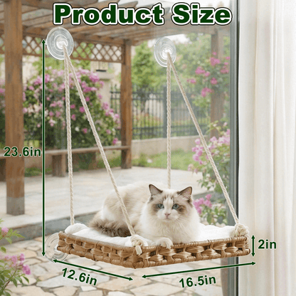 Handwoven Cat Window Perch Hammock Bed with Suction Cups & Washable Cushion