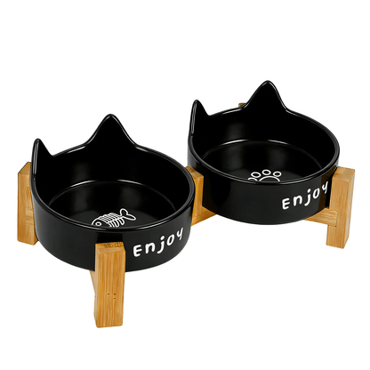 Ceramic Dog and Cat Bowl Set with Wooden Stand, Elevated Feeding Bowls for Cats & Small Dogs