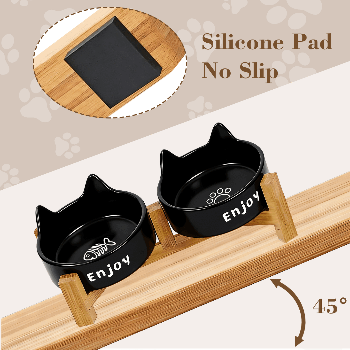 Ceramic Dog and Cat Bowl Set with Wooden Stand, Elevated Feeding Bowls for Cats & Small Dogs