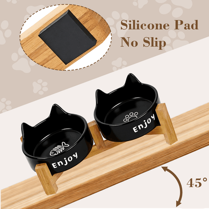 Ceramic Dog and Cat Bowl Set with Wooden Stand, Elevated Feeding Bowls for Cats & Small Dogs