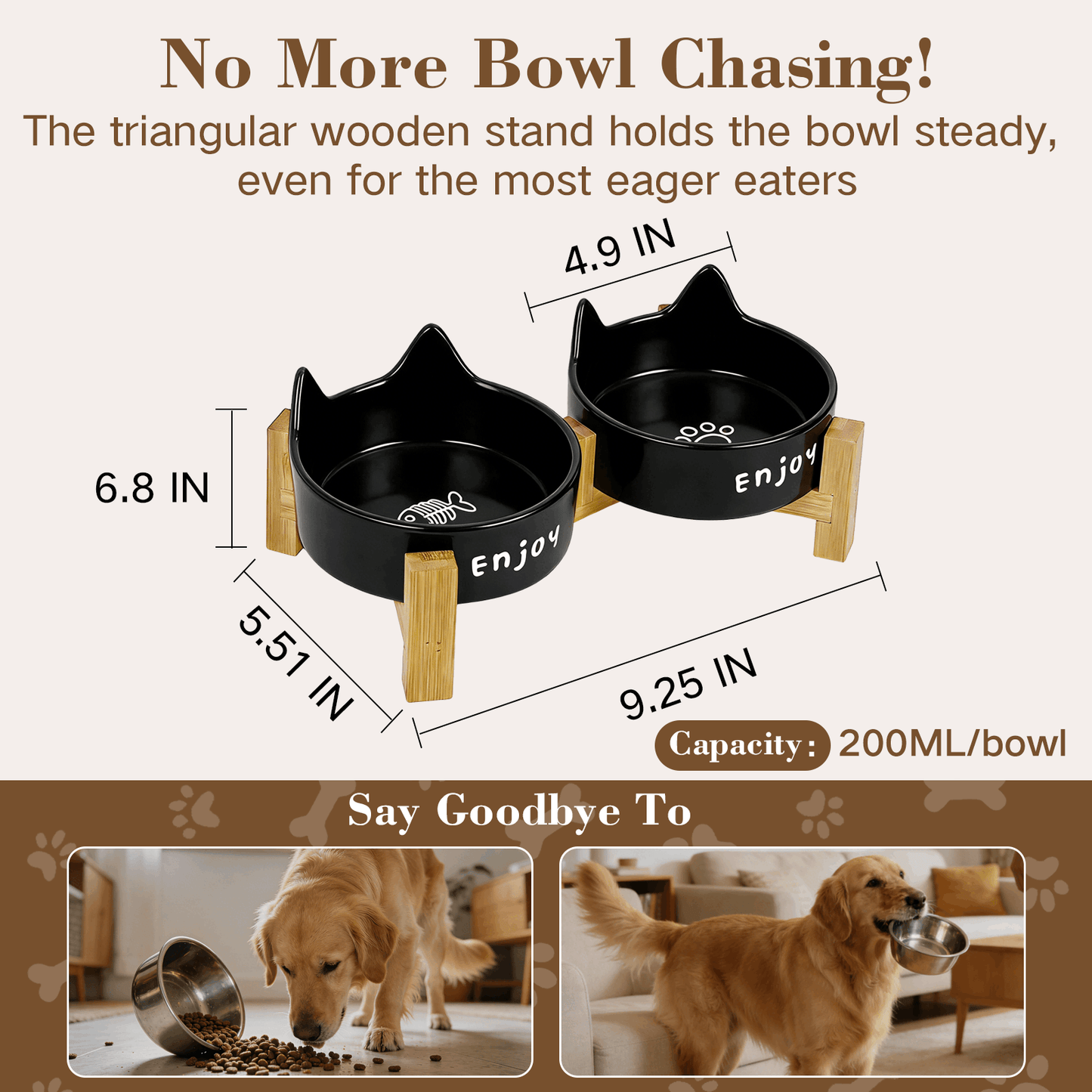 Ceramic Dog and Cat Bowl Set with Wooden Stand, Elevated Feeding Bowls for Cats & Small Dogs
