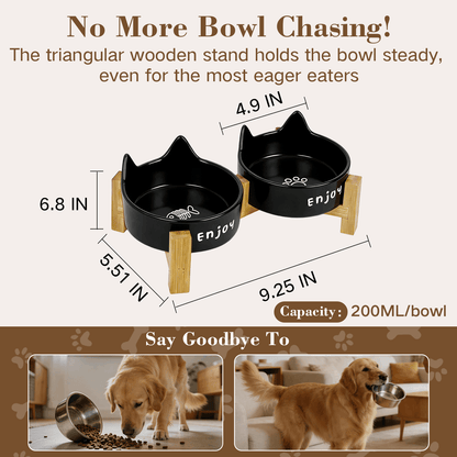 Ceramic Dog and Cat Bowl Set with Wooden Stand, Elevated Feeding Bowls for Cats & Small Dogs