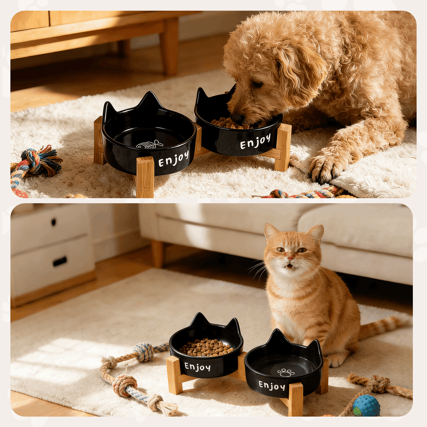 Ceramic Dog and Cat Bowl Set with Wooden Stand, Elevated Feeding Bowls for Cats & Small Dogs