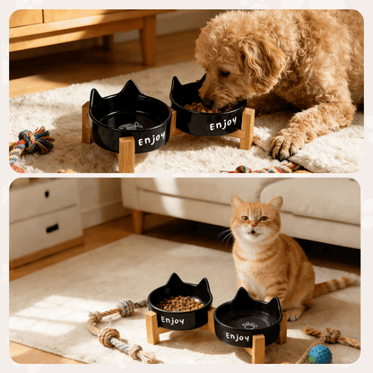 Ceramic Dog and Cat Bowl Set with Wooden Stand, Elevated Feeding Bowls for Cats & Small Dogs