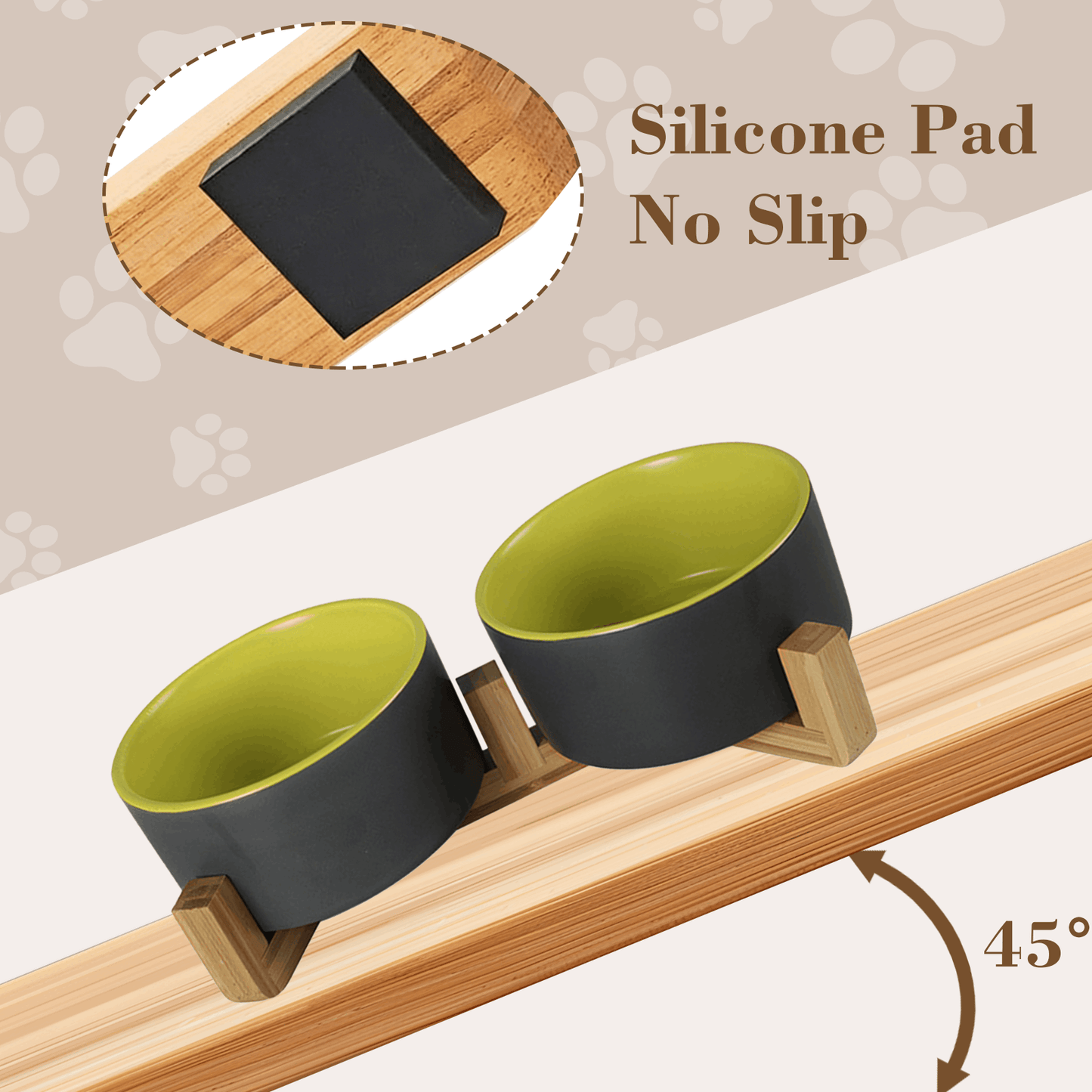 Ceramic Dog and Cat Bowl Set with Wooden Stand, Elevated Feeding Bowls for Cats & Small Dogs