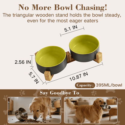 Ceramic Dog and Cat Bowl Set with Wooden Stand, Elevated Feeding Bowls for Cats & Small Dogs
