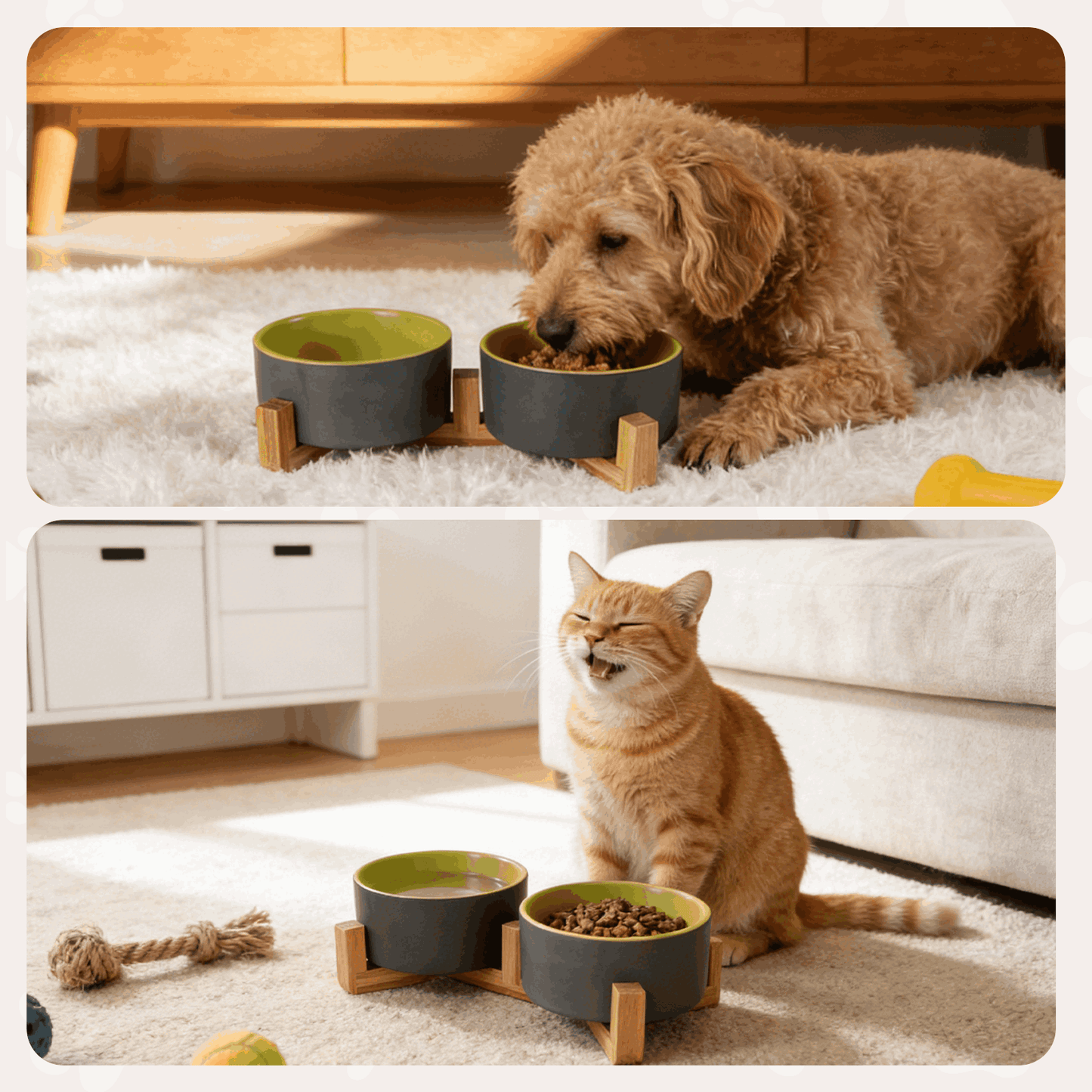 Ceramic Dog and Cat Bowl Set with Wooden Stand, Elevated Feeding Bowls for Cats & Small Dogs