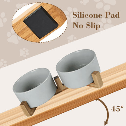 Ceramic Dog and Cat Bowl Set with Wooden Stand, Elevated Feeding Bowls for Cats & Small Dogs
