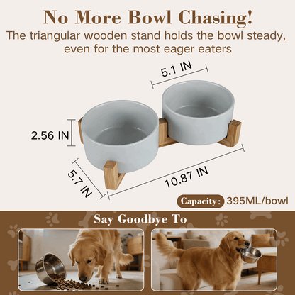 Ceramic Dog and Cat Bowl Set with Wooden Stand, Elevated Feeding Bowls for Cats & Small Dogs