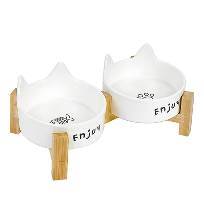 Ceramic Dog and Cat Bowl Set with Wooden Stand, Elevated Feeding Bowls for Cats & Small Dogs