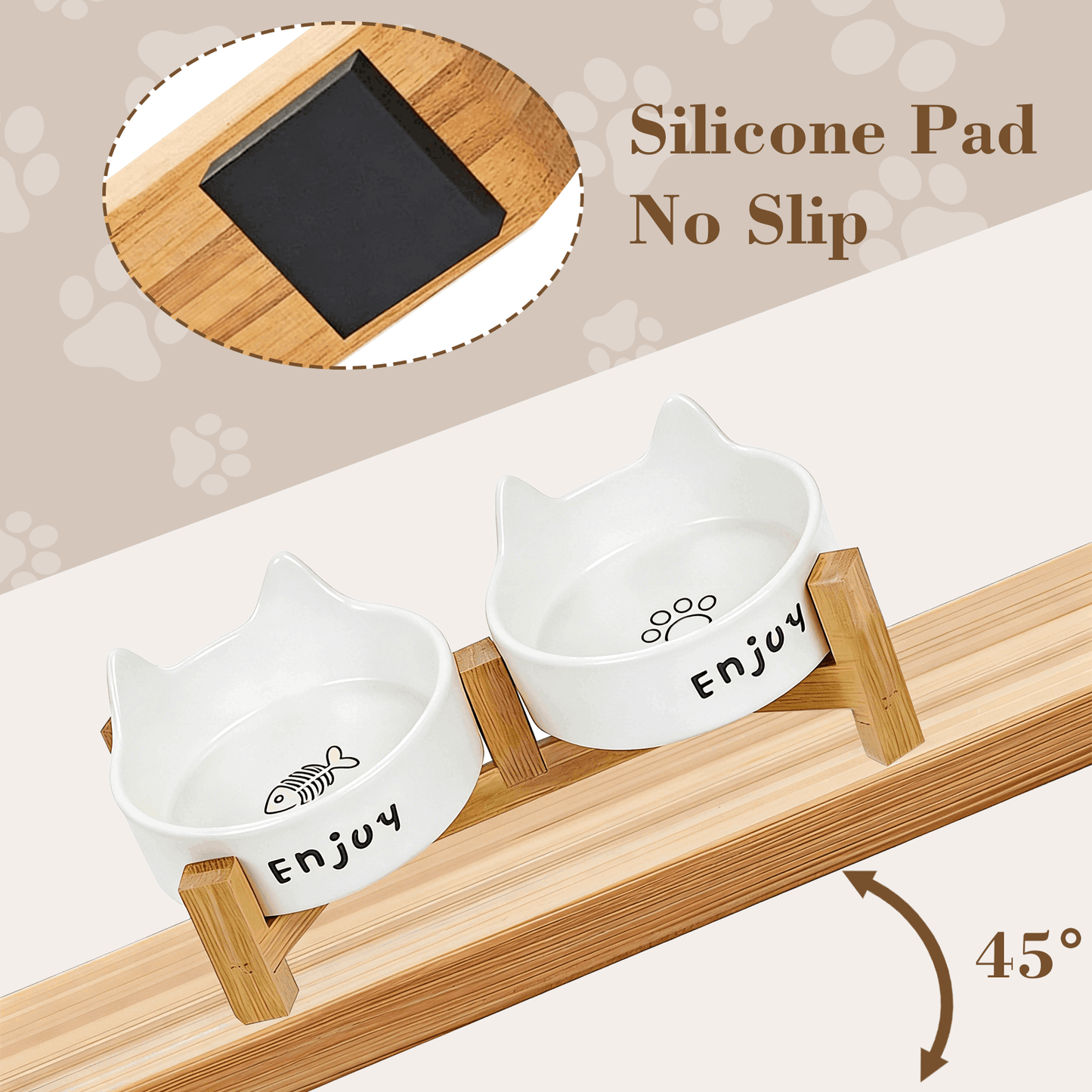 Ceramic Dog and Cat Bowl Set with Wooden Stand, Elevated Feeding Bowls for Cats & Small Dogs