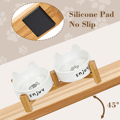 Ceramic Dog and Cat Bowl Set with Wooden Stand, Elevated Feeding Bowls for Cats & Small Dogs