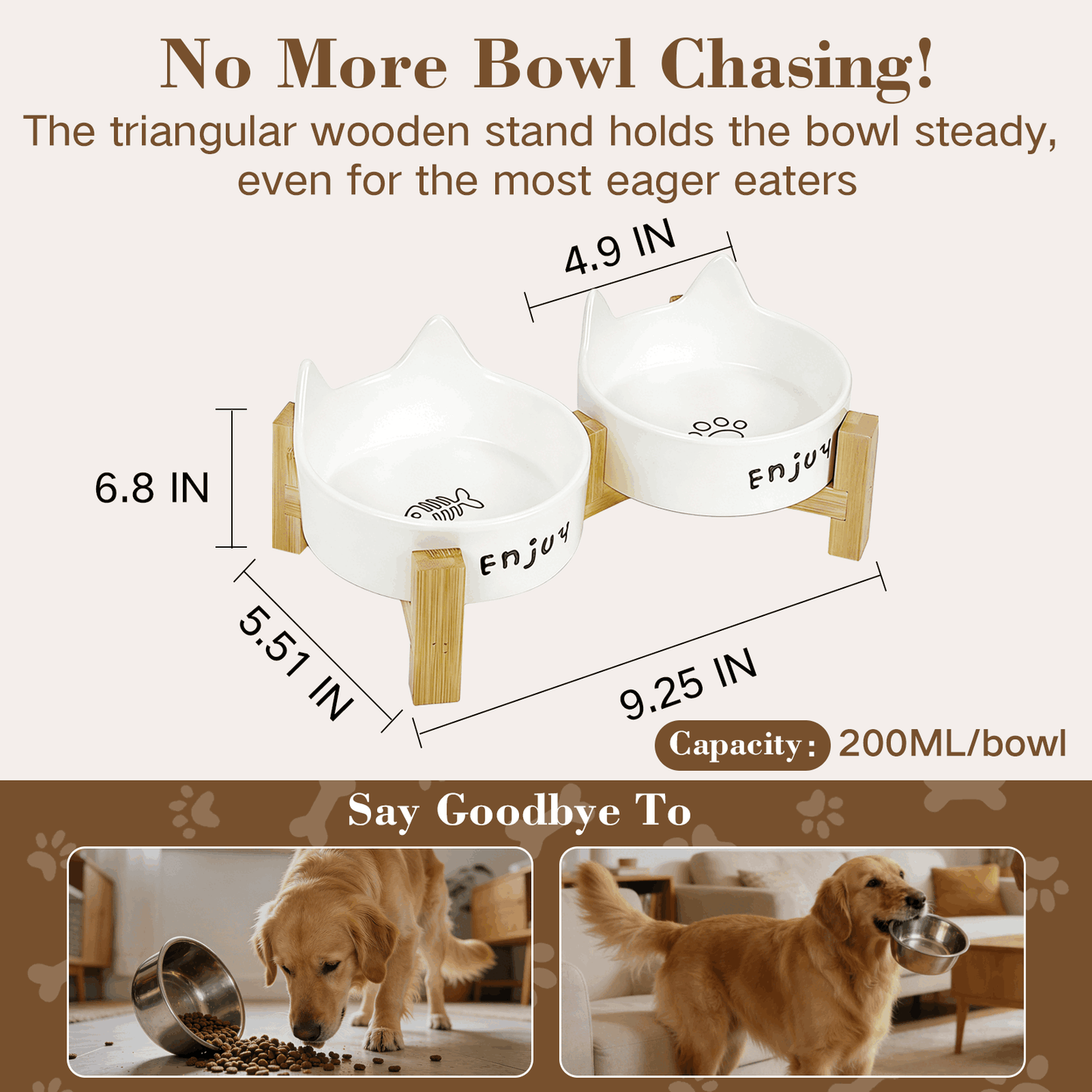 Ceramic Dog and Cat Bowl Set with Wooden Stand, Elevated Feeding Bowls for Cats & Small Dogs