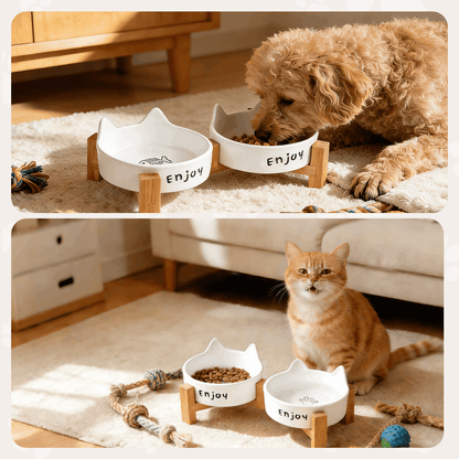 Ceramic Dog and Cat Bowl Set with Wooden Stand, Elevated Feeding Bowls for Cats & Small Dogs