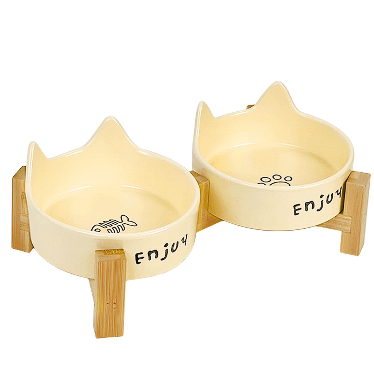 Ceramic Dog and Cat Bowl Set with Wooden Stand, Elevated Feeding Bowls for Cats & Small Dogs