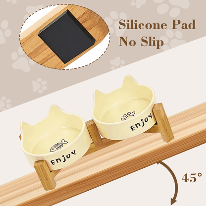 Ceramic Dog and Cat Bowl Set with Wooden Stand, Elevated Feeding Bowls for Cats & Small Dogs