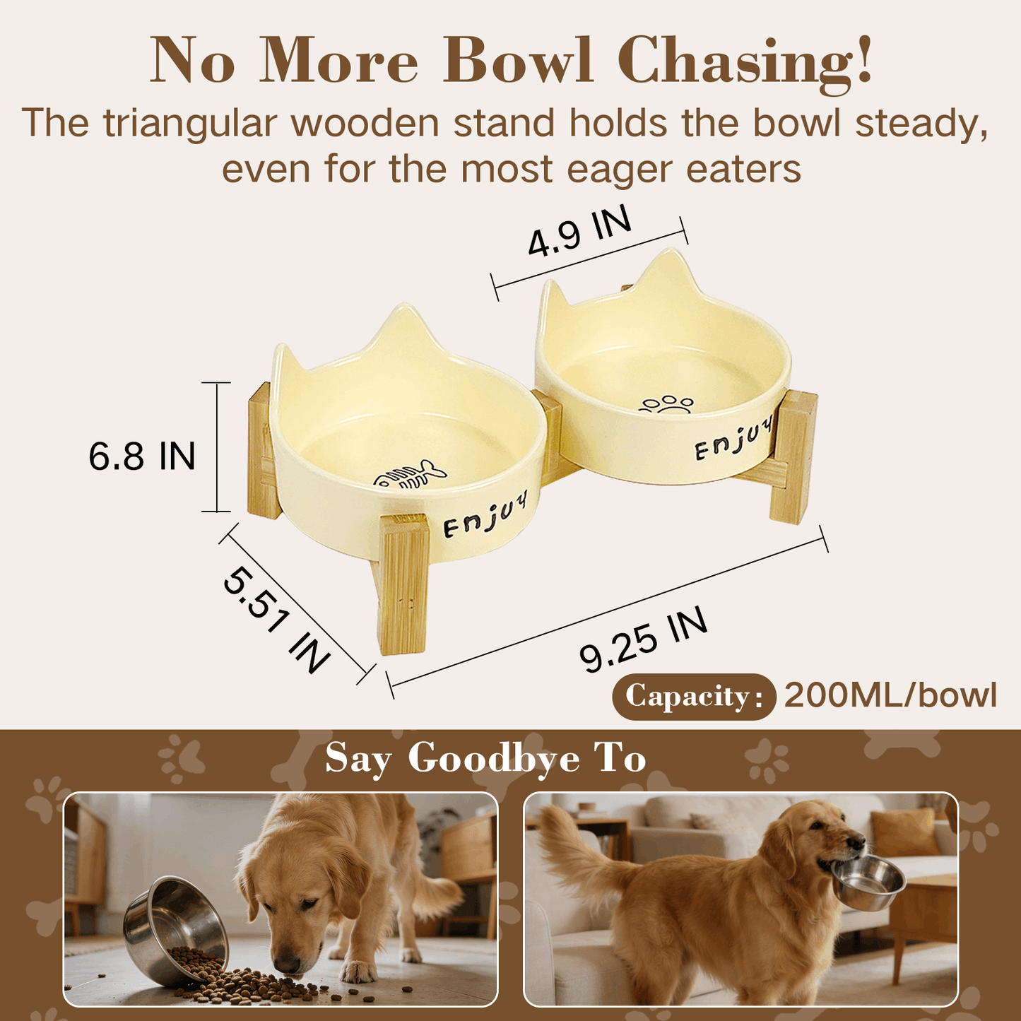 Ceramic Dog and Cat Bowl Set with Wooden Stand, Elevated Feeding Bowls for Cats & Small Dogs