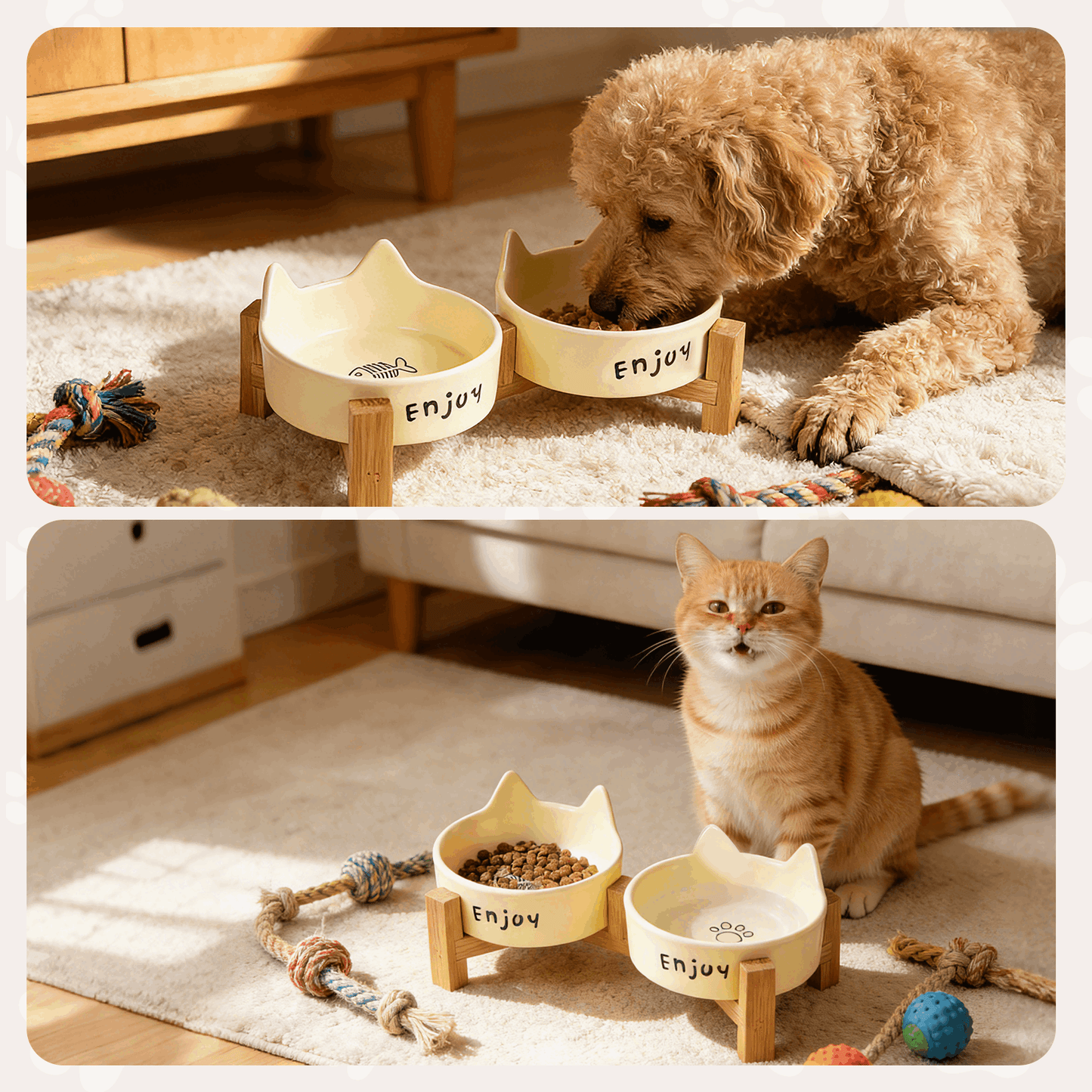 Ceramic Dog and Cat Bowl Set with Wooden Stand, Elevated Feeding Bowls for Cats & Small Dogs
