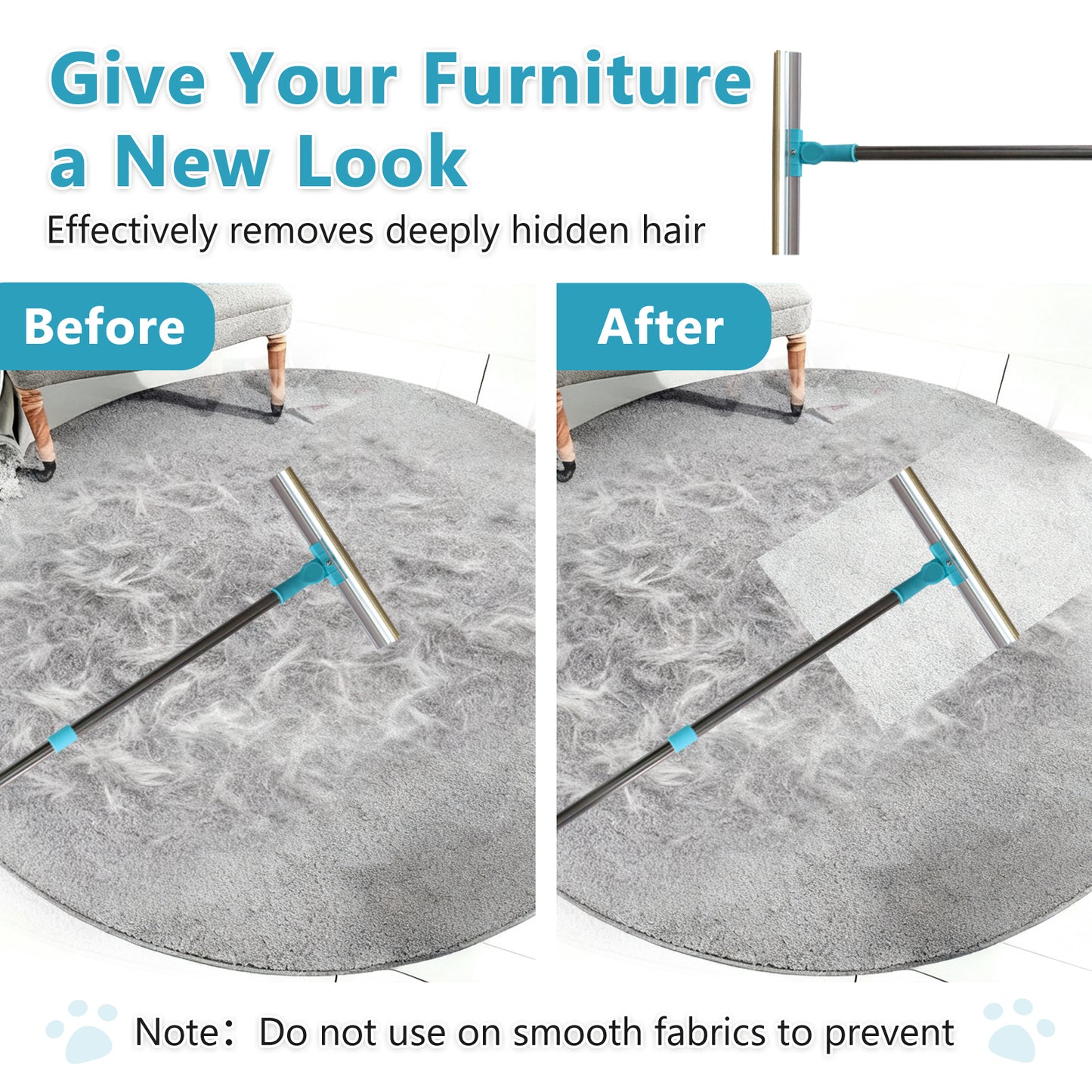 54" Long Handle Pet Hair Remover Rake for Carpet & Couch