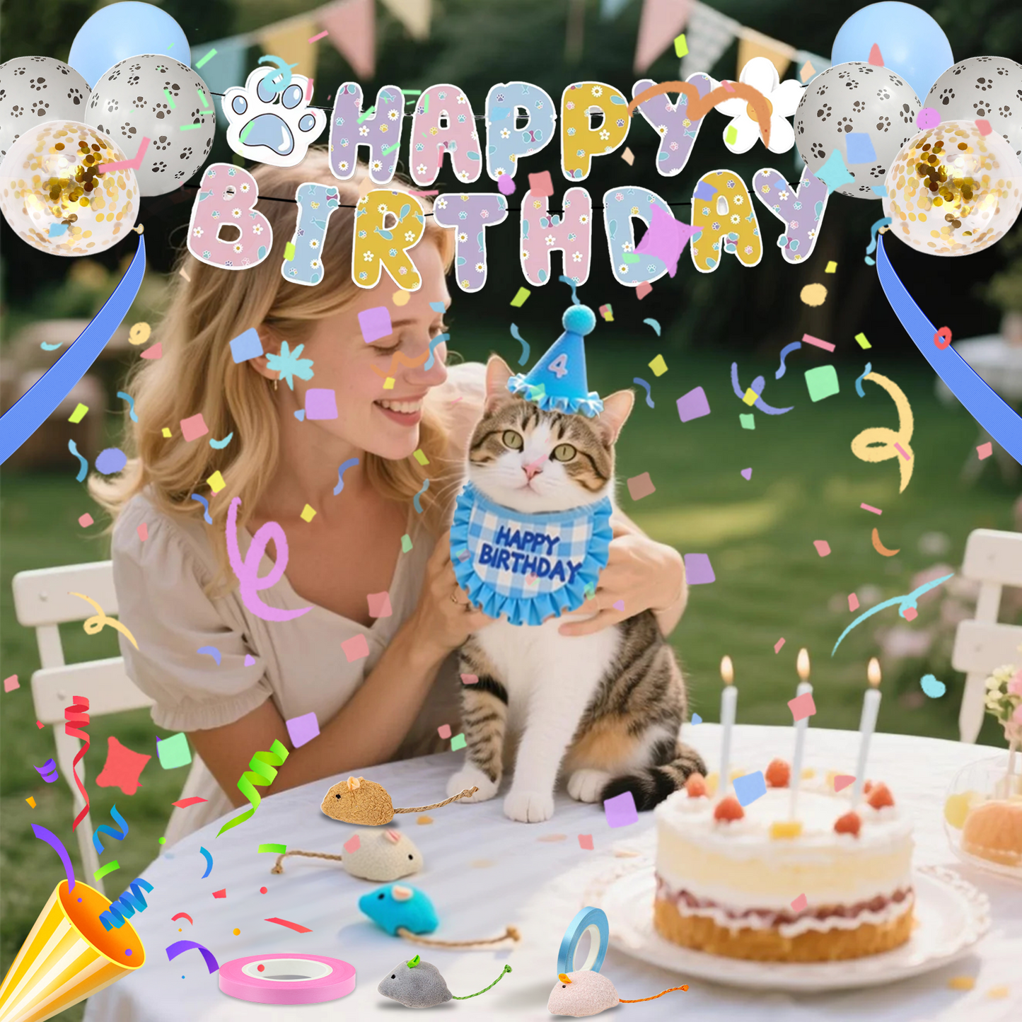 Cat Birthday Party Kit - Hat, Bandana, Catnip Mice, Balloons & Banner