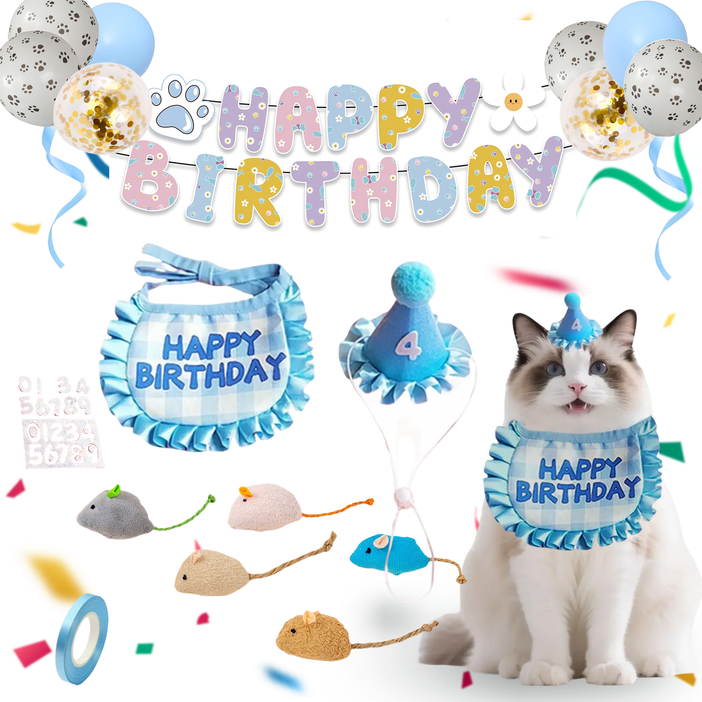 Cat Birthday Party Kit - Hat, Bandana, Catnip Mice, Balloons & Banner