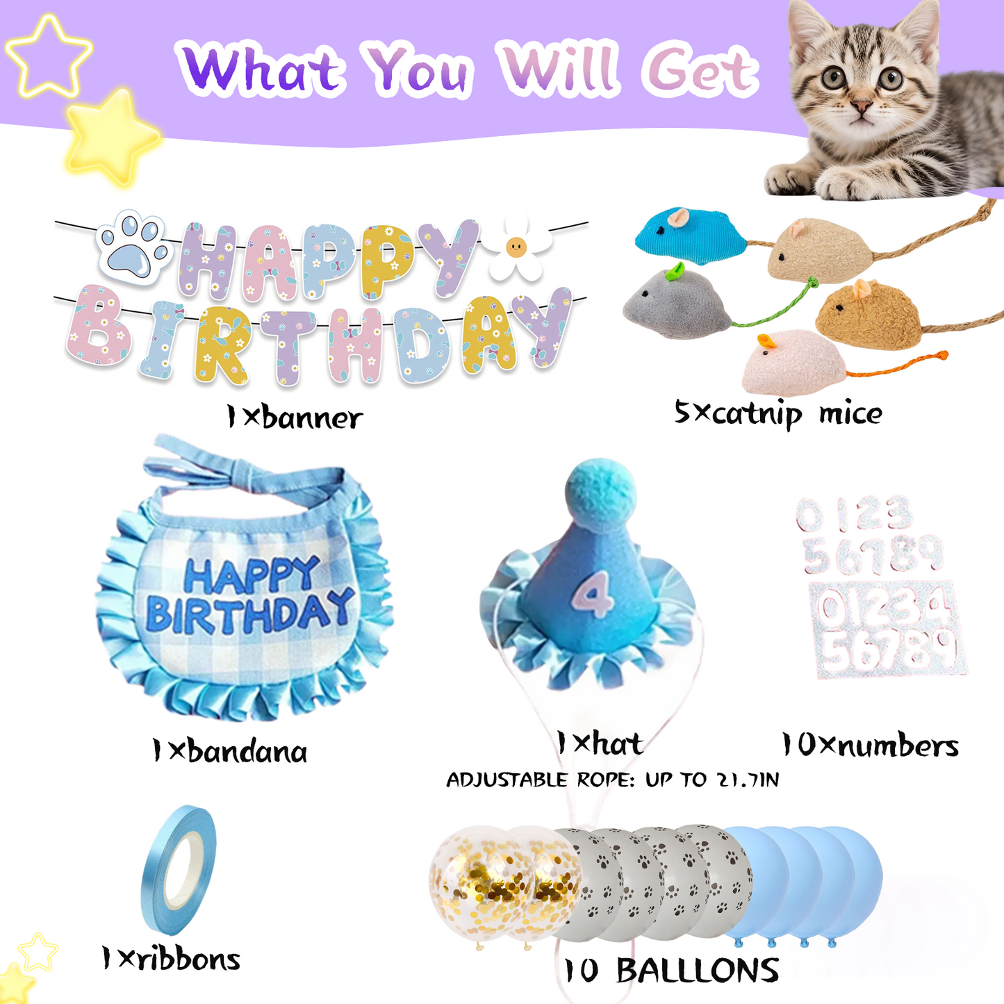 Cat Birthday Party Kit - Hat, Bandana, Catnip Mice, Balloons & Banner