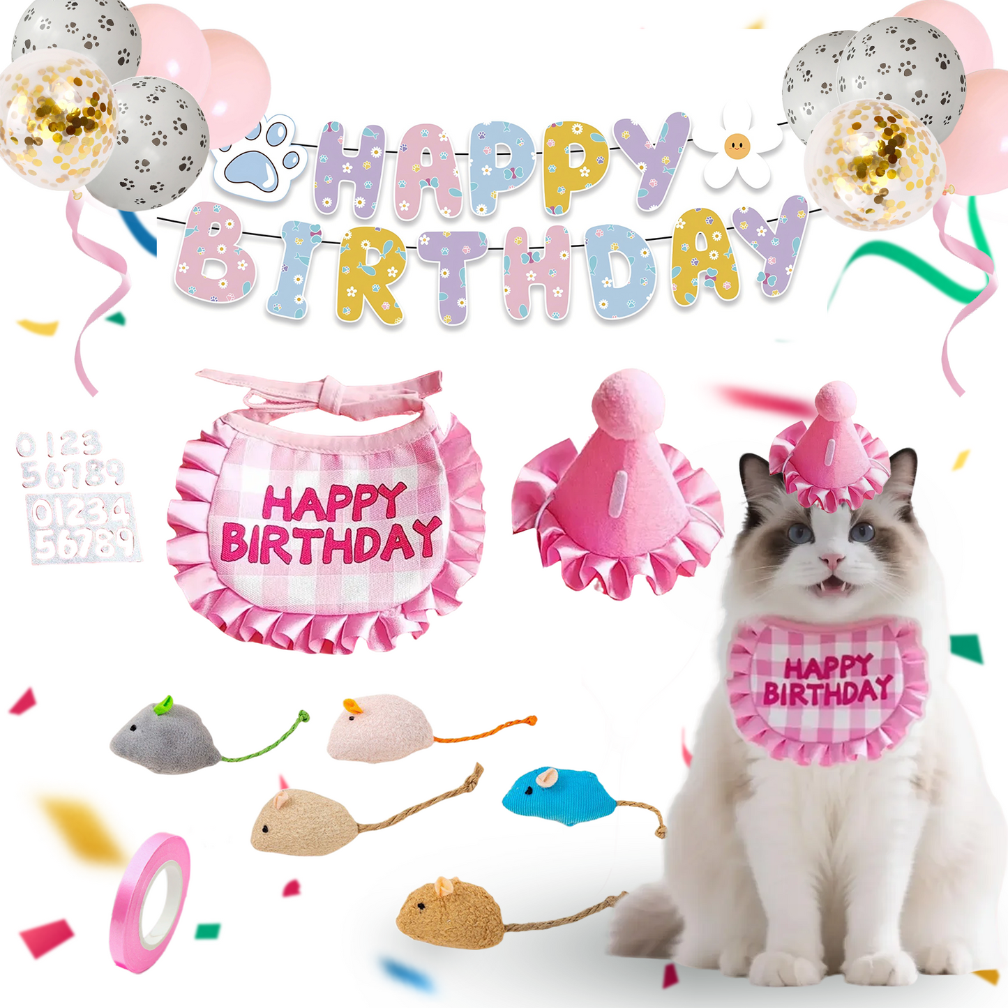 Cat Birthday Party Kit - Hat, Bandana, Catnip Mice, Balloons & Banner