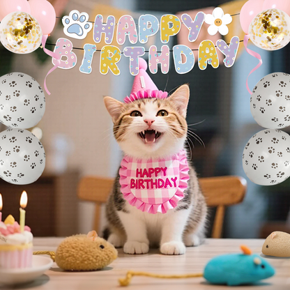 Cat Birthday Party Kit - Hat, Bandana, Catnip Mice, Balloons & Banner