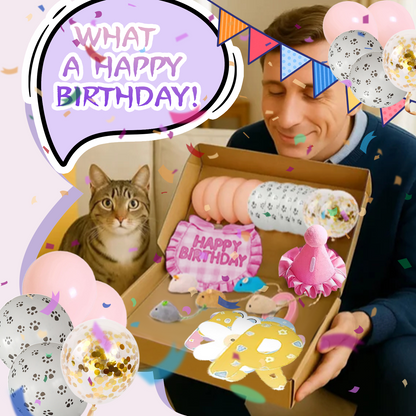 Cat Birthday Party Kit - Hat, Bandana, Catnip Mice, Balloons & Banner