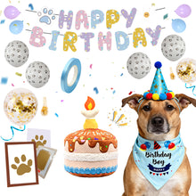 Dog Birthday Party Kit - Crinkle Cake Toy, Party Hat & Bandana, Balloons Garland, Banner, Paw Print Keepsake Frame with Ink Pad - Pet Celebration Set (Blue/Pink)