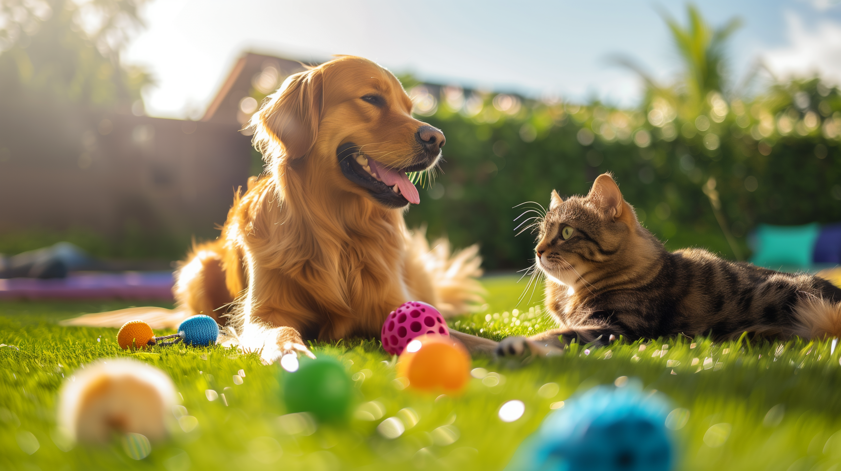 Dog and cat lying on grass with colorful toys around them