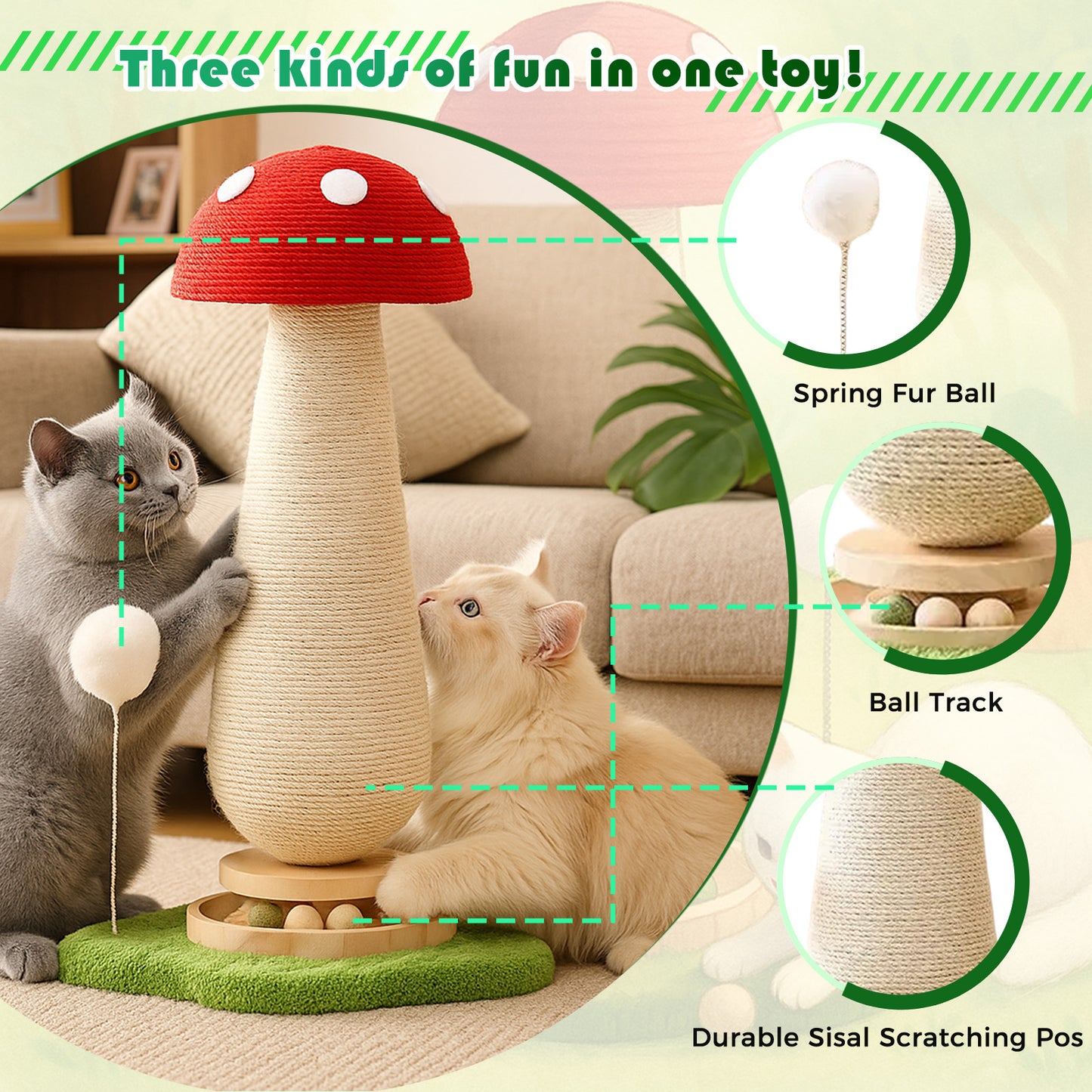 Mushroom Cat Scratching Post with Track Ball & Spring Toy